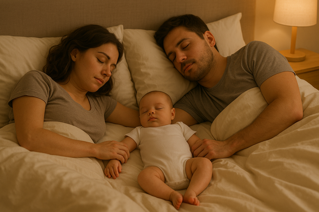Una pareja joven duerme plácidamente en una cama matrimonial amplia, con el bebé entre ambos, en una posición segura y cuidadosamente representada.