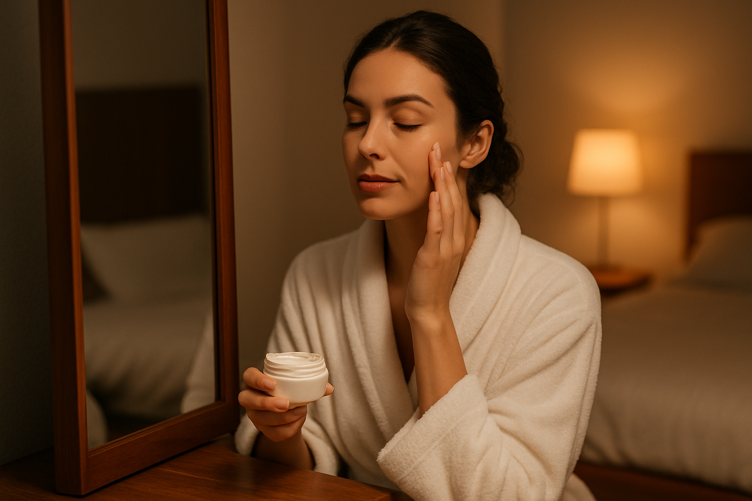 Mujer joven con piel clara realizando su rutina de cuidado facial nocturno frente a un espejo, en un entorno natural y tranquilo con luz cálida, aplicando crema hidratante sobre el rostro con expresión relajada