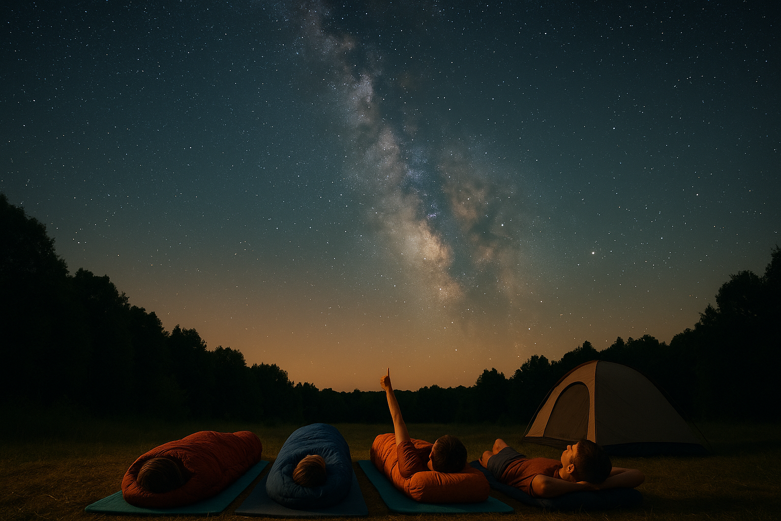 Fotografía en formato apaisado que muestra a cuatro personas tumbadas sobre sacos de dormir en un campo abierto, observando el cielo estrellado durante la noche. A su alrededor hay linternas, mochilas y una atmósfera de tranquilidad. El entorno es natural, con árboles bajos al fondo y sin contaminación lumínica visible. La escena transmite calma, conexión con la naturaleza y disfrute del momento.