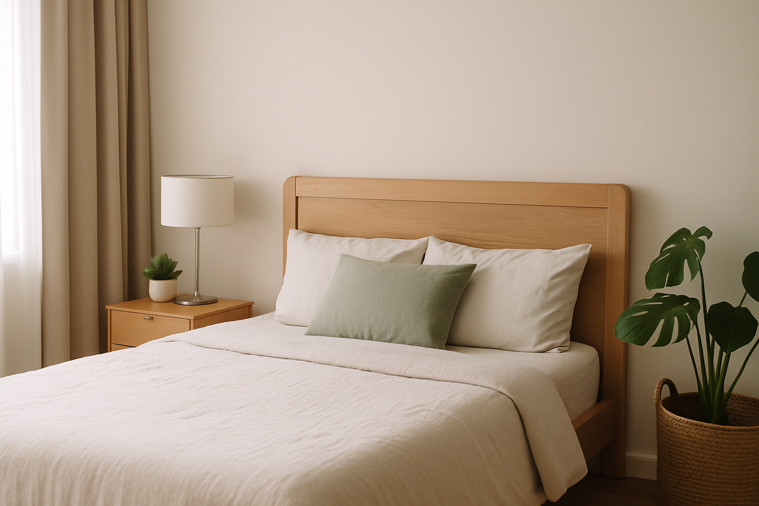 Dormitorio moderno y ordenado con cama bien hecha, luz natural entrando por una gran ventana, decoración minimalista en tonos claros y ambiente sereno ideal para el descanso.