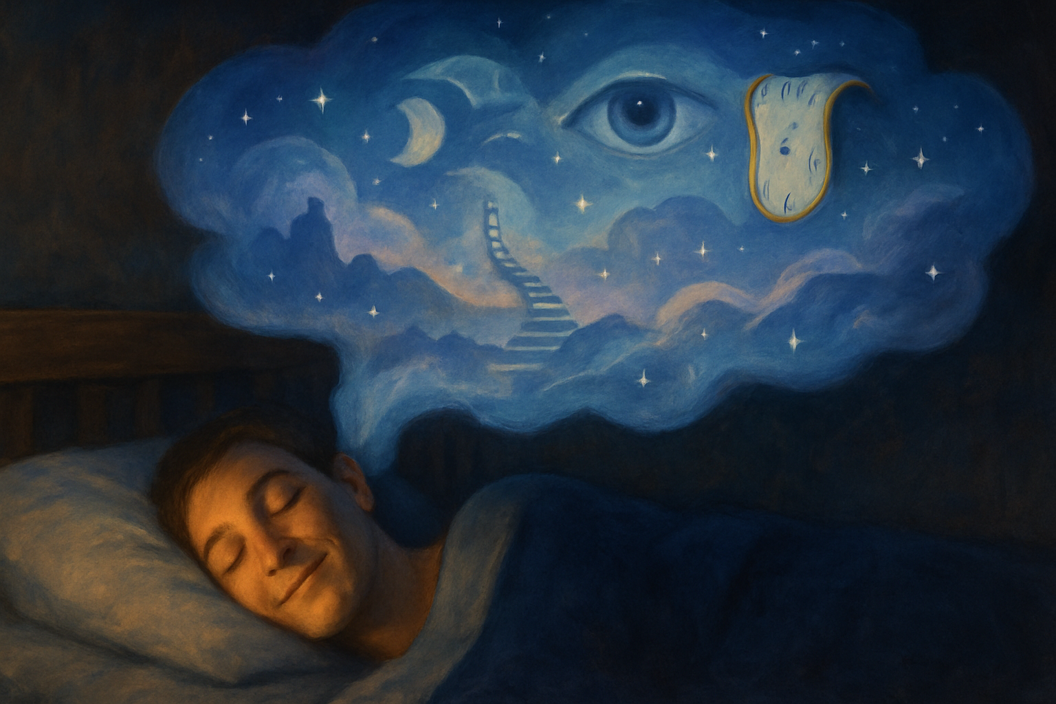 Un muchacho está soñando con imágenes y símbolos abstractos estilo "Dalí"