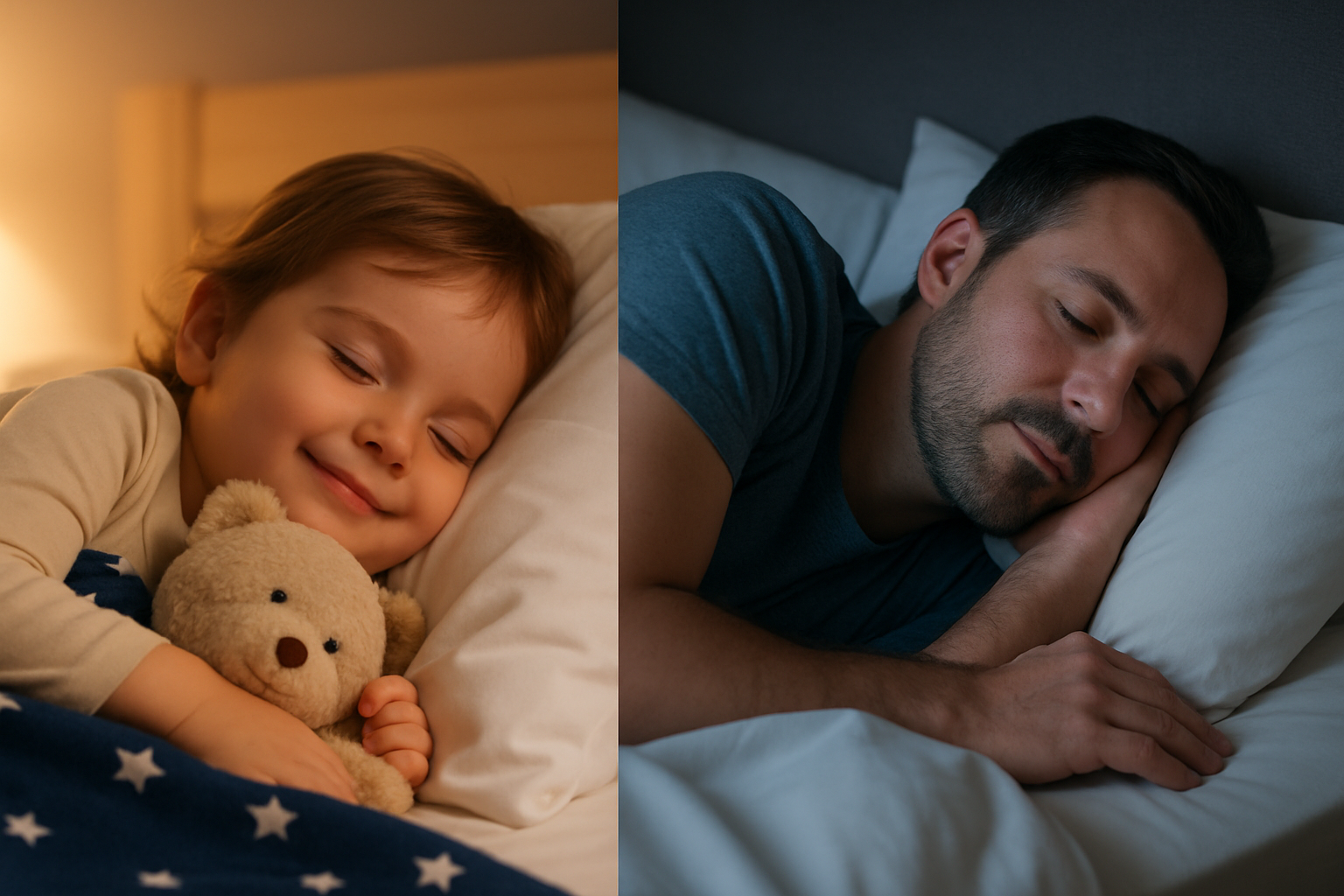Comparación visual del sueño entre un niño pequeño y un adulto dormidos en sus respectivas camas, mostrando diferencias en ambiente y patrones de descanso según la edad.