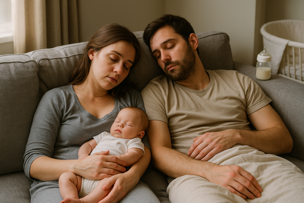 Una escena realista y acogedora que muestra a una pareja joven de padres primerizos dormidos en el sofá durante el día, con su bebé recién nacido también dormido en brazos