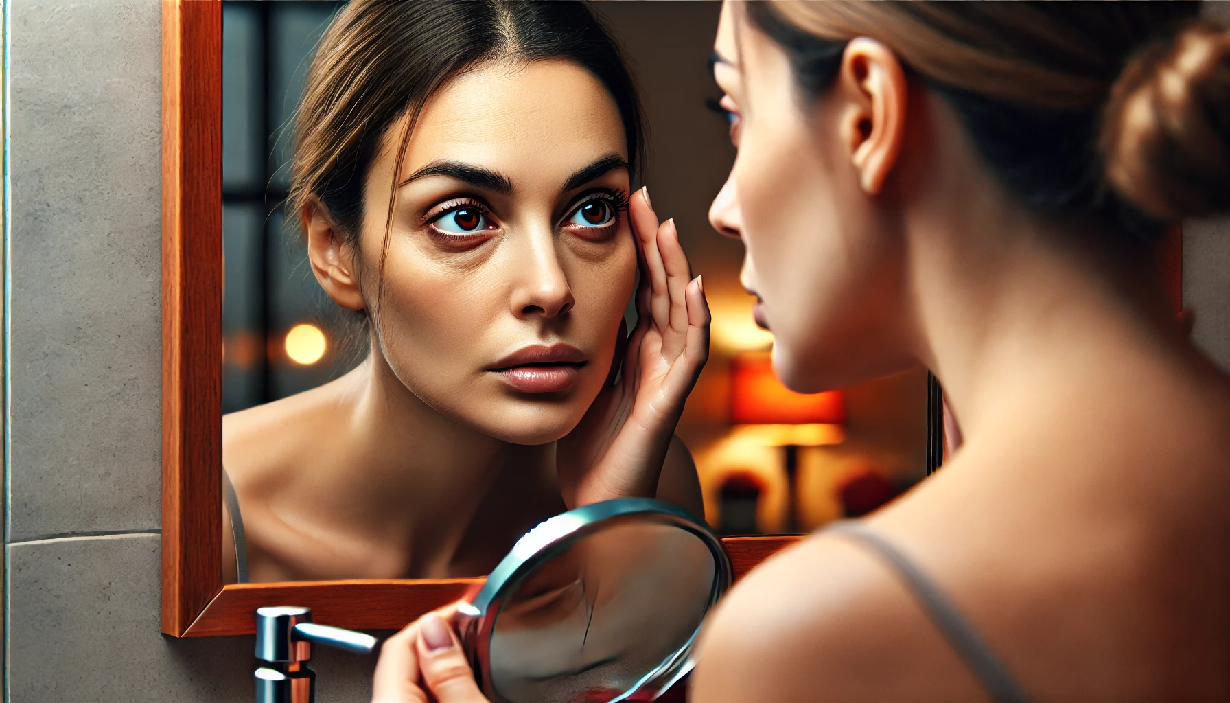 Mujer con piel oliva observando preocupada sus bolsas y ojeras frente al espejo del baño, con buena iluminación y gesto de cansancio